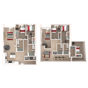 Modern 3D floor plan of a spacious two-story apartment featuring 3 bedrooms, stylish open kitchen, and cozy living area. Ideal family home layout.