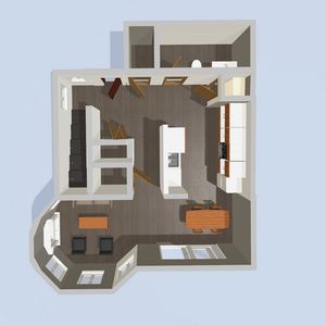 Chic and modern 3D floor plan for the lower level of a 3 bed townhome showcasing an open-concept living area, sleek kitchen, and cozy seating spaces.