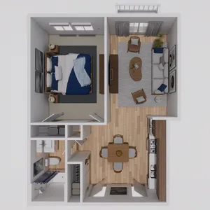Chic 3D floor plan showcasing a modern layout with one spacious bedroom, an inviting open-concept living and dining area, and a sleek kitchen, ideal for contemporary living.