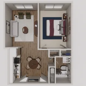 Chic apartment floor plan showcasing a cozy bedroom, stylish living area, modern kitchen, and elegant bathroom, perfect for urban living.