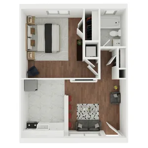 Charming apartment floor plan showcasing a spacious bedroom, modern kitchen with breakfast bar, cozy living area, and sleek bathroom design.