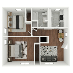 Modern 2D floor plan featuring 2 bedrooms, a sleek kitchen, cozy living room, and elegant bathroom with stylish design.