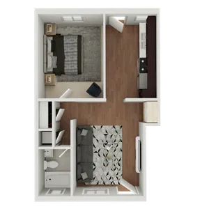 Inviting 3D floor plan with spacious bedroom, modern kitchen, cozy living room, and elegant bathroom layout.