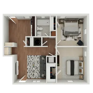 Modern 3D floor plan showcasing 2 spacious bedrooms, stylish living area, and a contemporary kitchen with wood flooring.