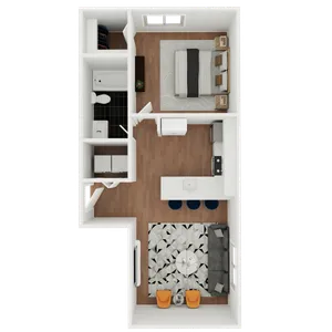 Modern 1-bedroom apartment floor plan showcasing an open-concept living area, stylish kitchen with island seating, and a sleek bathroom.