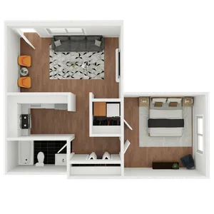 Modern floor plan showcasing a spacious one-bedroom apartment with a cozy living room, sleek kitchen, and a stylish bathroom.