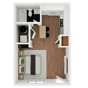 Modern 1-bedroom apartment floor plan featuring an integrated kitchen and dining area, stylish bathroom, and cozy bedroom setting.