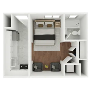 Chic apartment layout showcasing a cozy bedroom, modern kitchen, and an elegant bathroom, perfect for urban living.