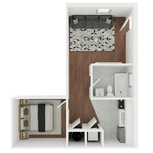 Modern minimalist floor plan showcasing a cozy 1-bedroom apartment with a sleek open-concept living area and stylish bathroom.