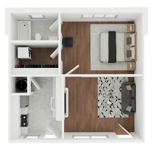 Modern 1-bedroom apartment floor plan featuring a cozy living area, stylish kitchen, and sleek bathroom, enhanced with elegant wood flooring.