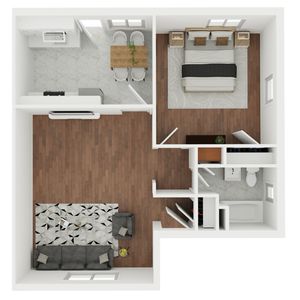 Chic floor plan highlighting a cozy 1-bedroom apartment with an open-concept living and dining area, modern kitchen, and elegant wood flooring.