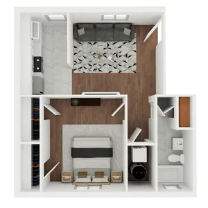 Modern 3D floor plan featuring a cozy bedroom, sleek kitchen with marble flooring, inviting living area with stylish rug, and a contemporary bathroom design.