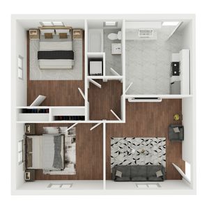 Modern floor plan with two spacious bedrooms, sleek kitchen, and cozy living area featuring elegant hardwood floors.
