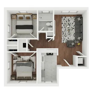 Elegant 2-bedroom apartment floor plan featuring a cozy living room, modern kitchen, and sleek bathroom with wood and tile flooring.