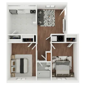Chic 3D floor plan showcasing 2 cozy bedrooms, a modern kitchen, and inviting living space with wooden flooring.