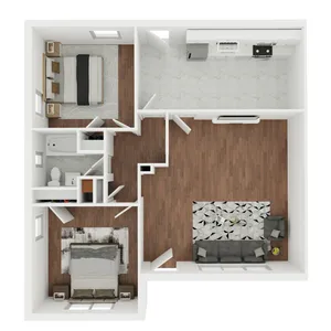 Inviting 2D floor plan showcasing two cozy bedrooms, modern kitchen, and a spacious living area with sleek hardwood floors.