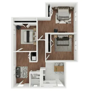 Chic 3D floor plan showcasing 3 spacious bedrooms, a cozy living area, and a modern kitchen with dining space.