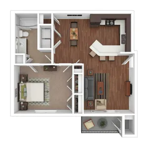 Charming 1-bedroom apartment floor plan showcasing open-concept living area, modern kitchen with breakfast bar, and private balcony.