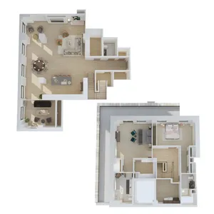 Detailed 3D floor plan showcasing two-level apartment with open-plan living area, three bedrooms, and a balcony.