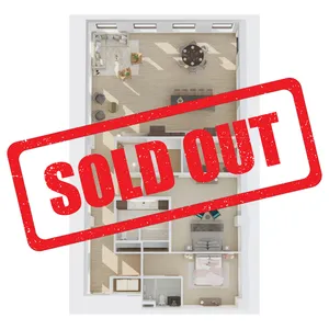 3D floor plan of a sold-out apartment showcasing a sunlit open living space with two bedrooms and a modern kitchen.