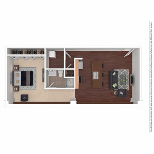 Chic 1-bedroom apartment floor plan featuring a welcoming living area, modern kitchen, and spacious bathroom with ample closet space.