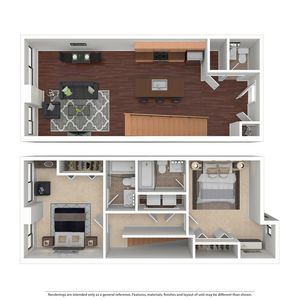 Modern 2D apartment floor plan showcasing an open-concept living and kitchen area, two inviting bathrooms, and a spacious bedroom with ample closet space.