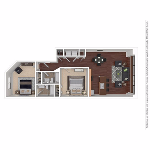 Chic floor plan showcasing a modern 1-bedroom apartment with a cozy living area, elegant kitchen, and stylish bathroom layout.