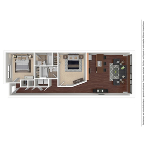 Contemporary floor plan illustrating a spacious one-bedroom layout with a modern kitchen, elegant bathroom, and open-concept living area featuring sleek hardwood floors.