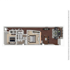 Modern apartment floor plan showcasing one bedroom, a cozy living room, and an elegant kitchen with dining area.
