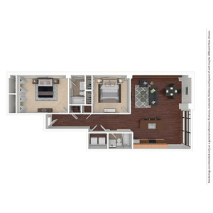 Modern 2D floor plan featuring 2 elegant bedrooms, a cozy living area, spacious kitchen, and chic dining space.