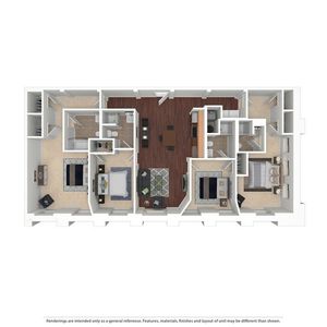 Modern floor plan featuring three spacious bedrooms, two elegant bathrooms, a cozy open-concept living and dining area, and a sleek kitchen, all beautifully designed for comfort and style.