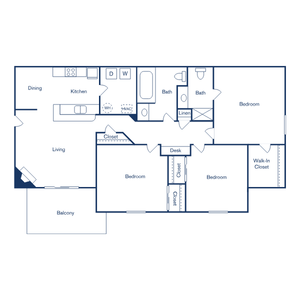 Spacious floor plan featuring three bedrooms, two baths, modern kitchen, spacious living area, and a balcony, ideal for stylish living.