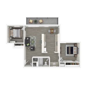 Two-Bedroom, One-Bathroom - 3D Furnished Floor Plan