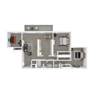 Two-Bedroom, One-Bathroom with Den- 3D Furnished Floor Plan