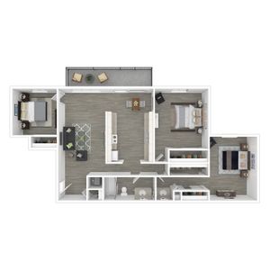 Three-Bedroom, One-Bathroom - 3D Furnished Floor Plan