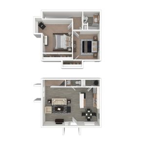 3D Furnished Rendering of 2-Bedroom Floor Plan