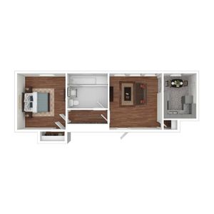 3D Furnished Rendering of 1-Bedroom Floor Plan