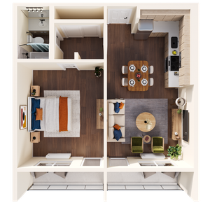3D floorplan of a 1 Bedroom unit at Solaris at Tucson