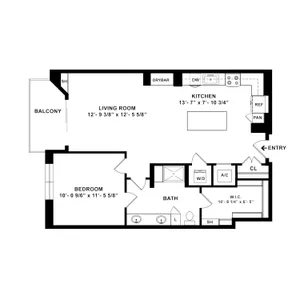Efficient floor plan displaying a spacious bedroom, open living area, and modern kitchen with balcony.