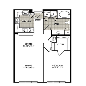 Modern 1-bedroom apartment floor plan featuring a spacious living and dining area, sleek kitchen, and a full bathroom with utility space.
