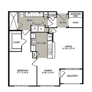 Modern apartment floor plan featuring 1 bedroom, study, open living and dining area with a balcony, kitchen, and utility space.