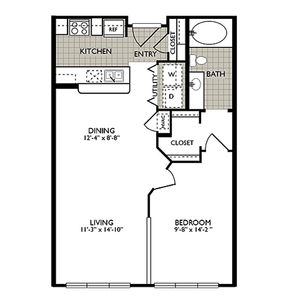 Inviting 2D floor plan featuring 1 bedroom, spacious living and dining areas, modern kitchen, and bathroom. Ideal for comfortable living.