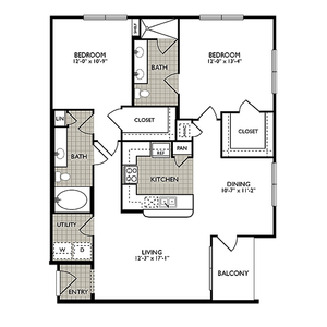 Chic floor plan featuring two spacious bedrooms, two modern bathrooms, open living and dining areas, sleek kitchen, and private balcony.