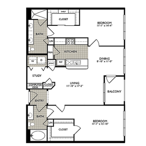 Modern floor plan showcasing two bedrooms, a stylish kitchen, a spacious living area, dining room, and a balcony for outdoor relaxation.