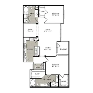Contemporary floor plan showcasing 2 bedrooms, a spacious living area, dining room, modern kitchen, and two elegant bathrooms, complete with a private balcony and study.
