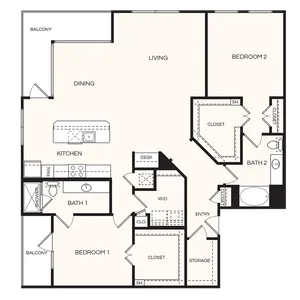 Modern floor plan showcasing 2 bedrooms, open living and dining area, kitchen with island, and dual balconies.