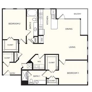 Modern apartment floor plan showcasing 2 bedrooms, open-concept living and dining area, spacious kitchen, and a private balcony.