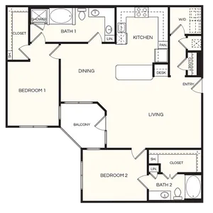 Modern 2-bedroom apartment floor plan featuring a spacious living area, open kitchen, two bathrooms, and a cozy balcony.
