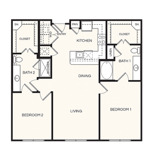 Modern 2D floor plan featuring 2 spacious bedrooms, sleek kitchen, and elegant living area, with 2 well-appointed bathrooms for convenient living.