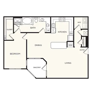 Modern floor plan featuring a spacious 1-bedroom layout with open kitchen, dining area, and bright living room leading to a balcony.